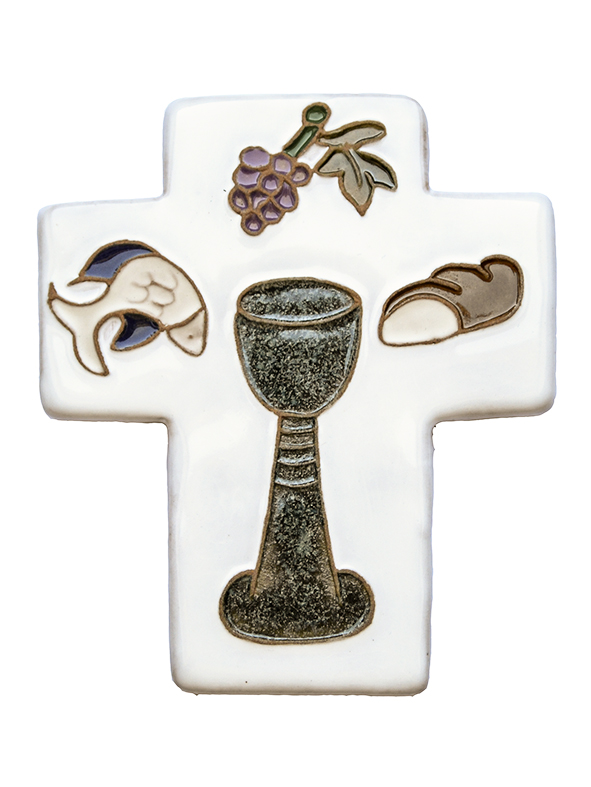 Croix céramique - Calice & 3 symboles - verte (90x105mm)