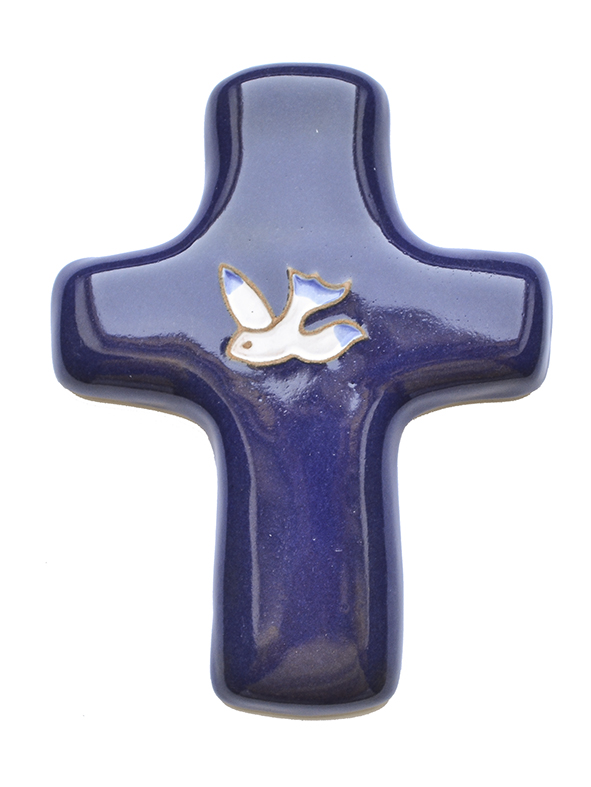 Croix céramique - Colombe - bleu foncée (85x115mm)