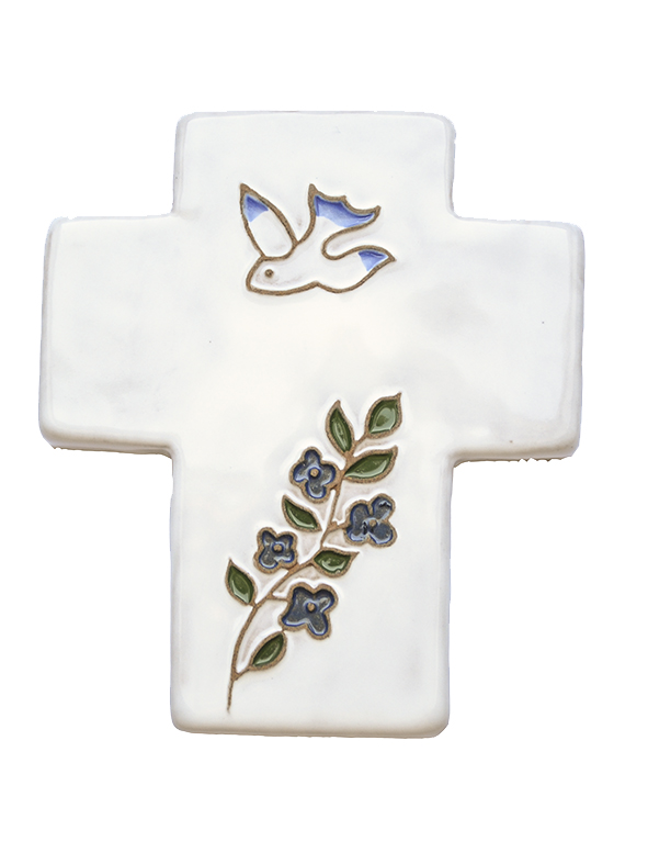 Cross ceramic - Pigeon & flower - white (95x105mm)