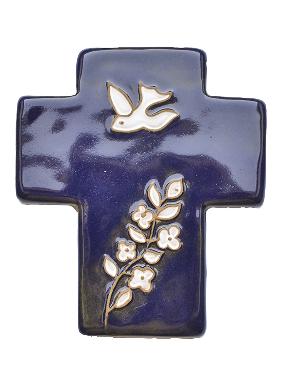 Kruisbeeld keramiek - Duif & bloem - donkerblauw (95x105mm)