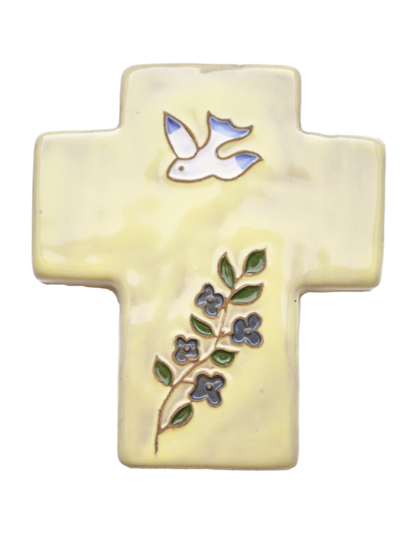 Cross ceramic - Pigeon & flower - yellow (95x105mm)