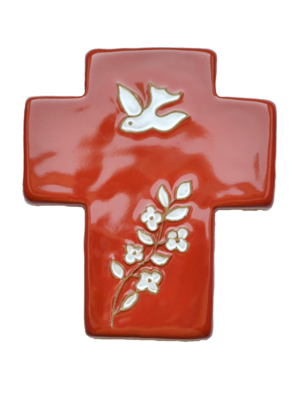 Cross ceramic - Pigeon & flower - red (95x105mm)