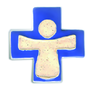 Keramik Kreuz - Kind - gelbbraun/blau (75x75mm)