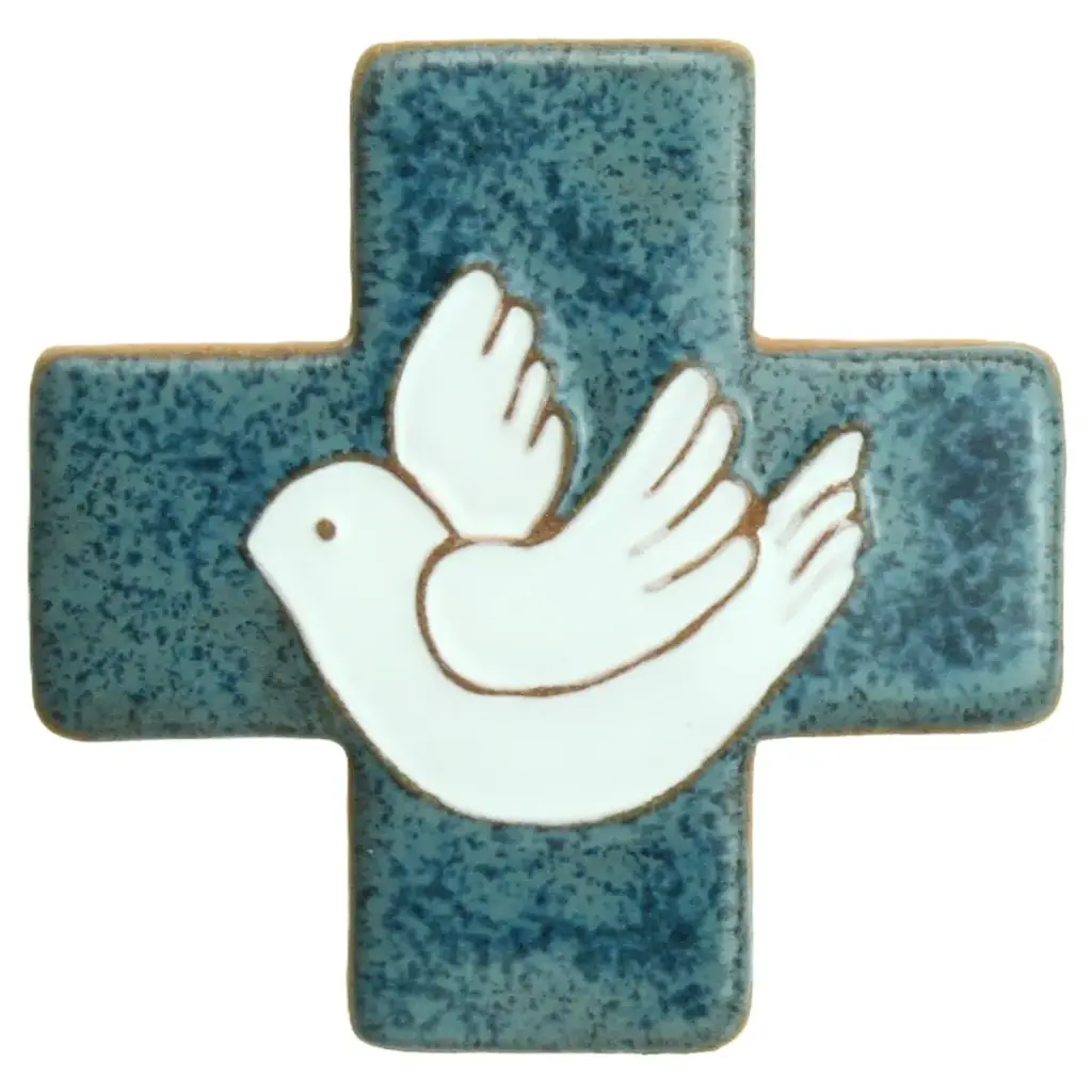 Croix céramique - Colombe - bleu moucheté/blanche (75x75mm)