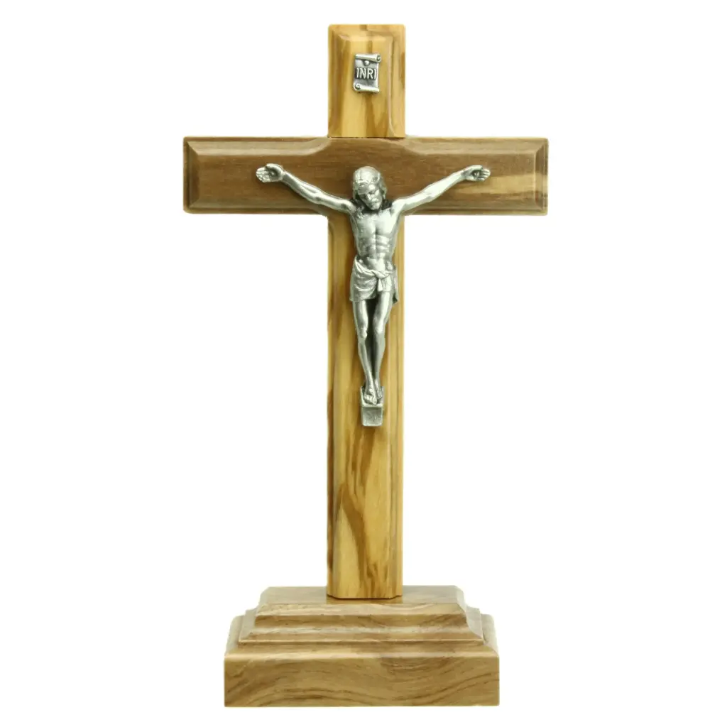Croix sur pied/bois d'olivier - christ/métal (75x140mm)