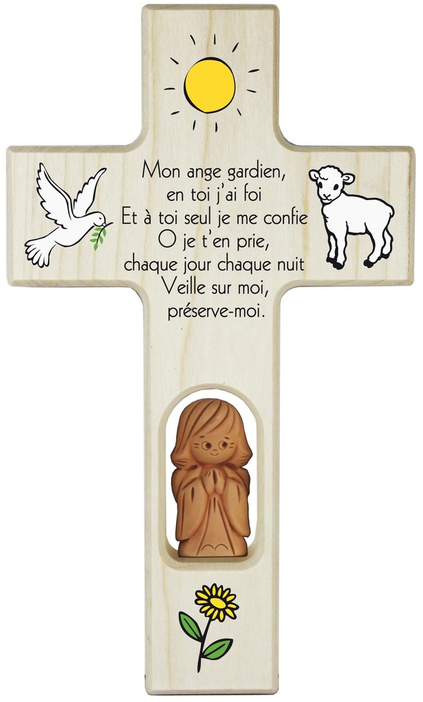 Kinderkreuz Holz mit Tonengel - Car où que j'aille... (120x200mm)