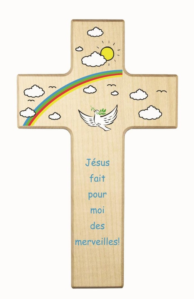 Kinderkruis hout - 'Jésus fait pour moi' (90x150mm)