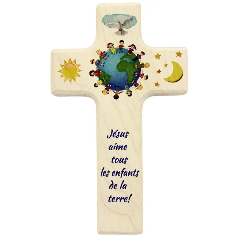 Croix enfant bois - 'Jésus aime tous'  (90x150mm)
