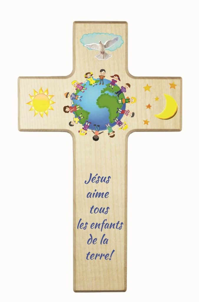 Kinderkruis hout - 'Jésus aime tous' (90x150mm)