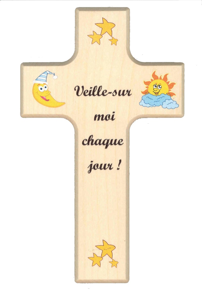 Kinderkruis hout - 'Veille sur moi' (90x150mm)