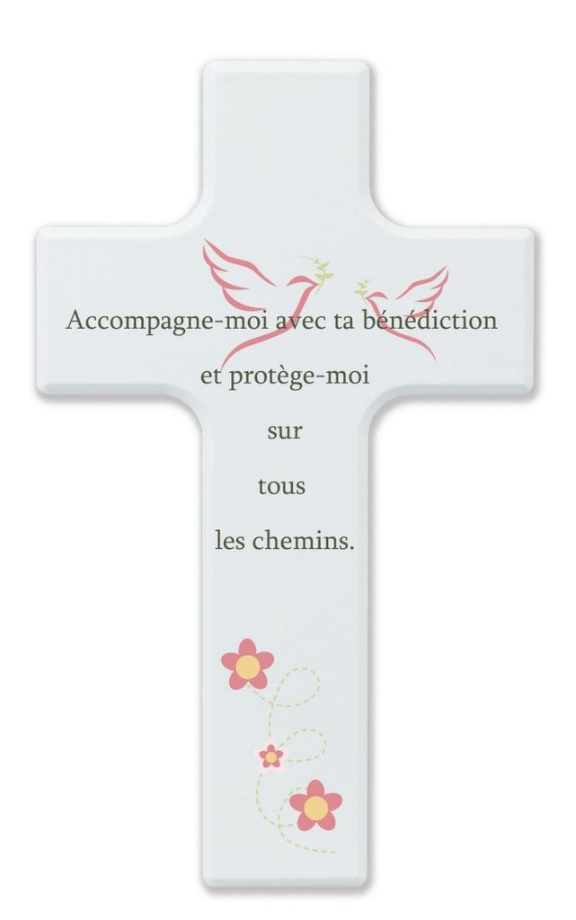 Kinderkruis hout/wit - 'Accompagne-moi' (90x150mm)