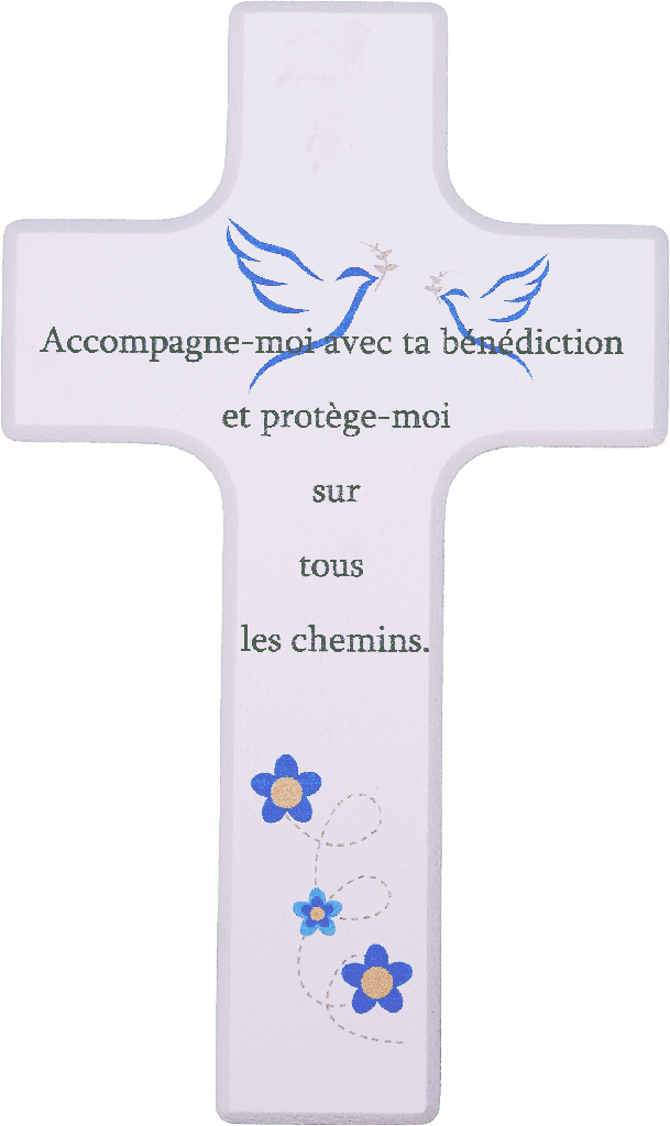 Kinderkruis hout/wit - 'Accompagne-moi...' (90x150mm)