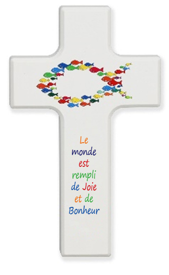 Croix enfant bois/blanche - 'Le monde est...' (90x150mm)