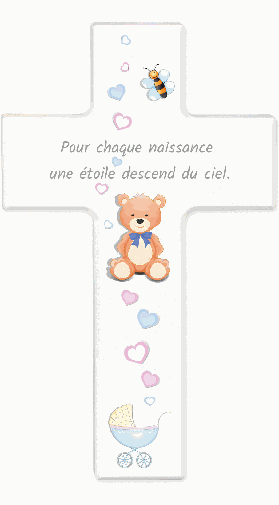 Holzkreuz, weiss lackiert,Swarovski - 'Pour chaque nais...' (90x150mm)