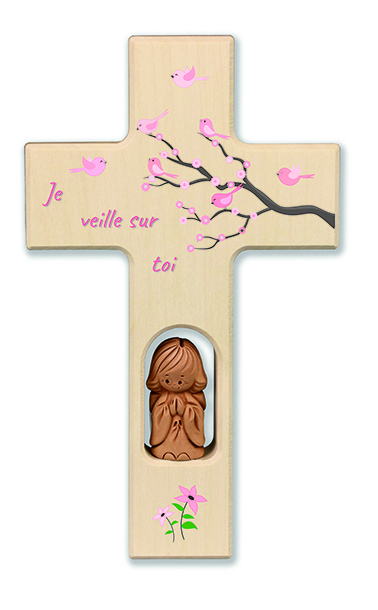 Kruisje hout/engel-roze swarovski - 'Je veille sur toi' (90x150mm)