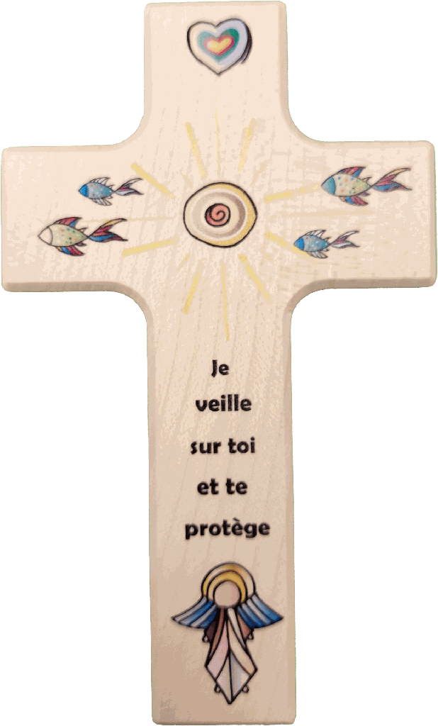 Kinderkruisje hout - Zon/vissen/Engel - Je veille sur toi (90x150mm)