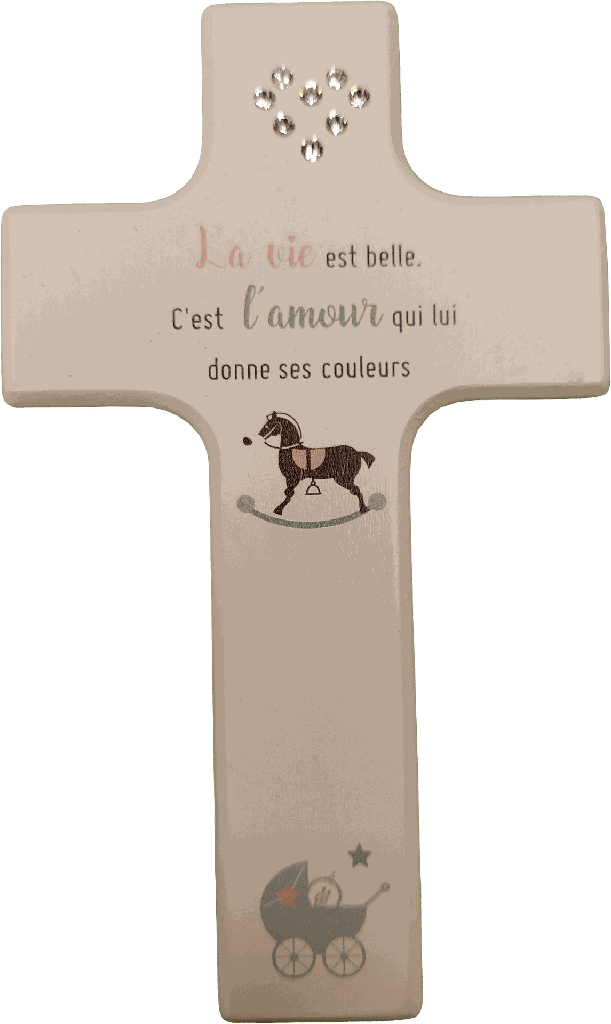 Geboortekruisje hout/wit swarovski - 'La vie est belle' (90x150mm)