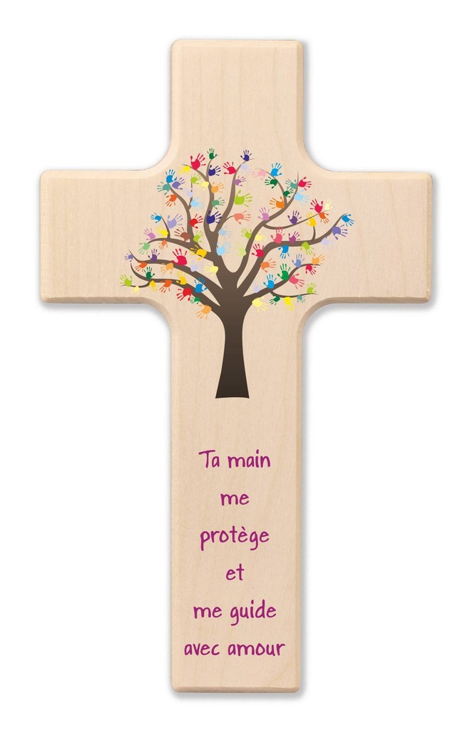 Kinderkruis hout - 'Ta main me protège' (90x150mm)
