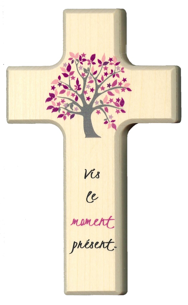 Kinderkruis hout/roze - 'Vis le moment présent' (90x150mm)