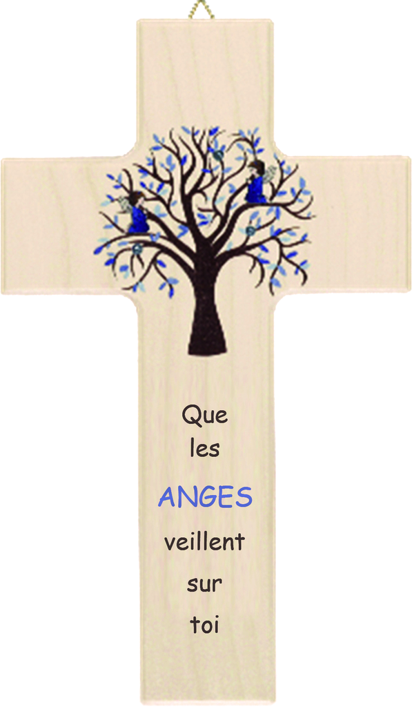 Kinderkruis hout/blauw - Levensboom 'Que les anges...' (90x150mm)