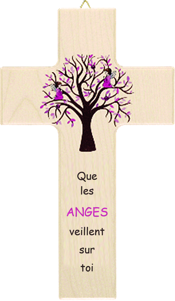 Croix enfant bois - Arbre de Vie/rose 'Que les ANGES' (90x150mm)