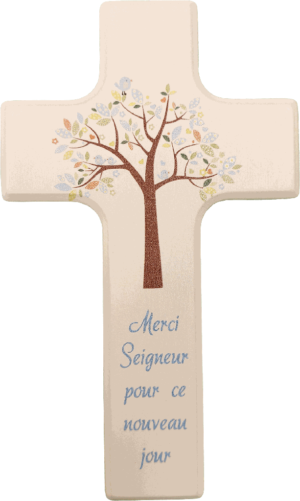 Kinderkruis hout/wit - 'Merci Seigneur ...'/blauw (90x150mm)