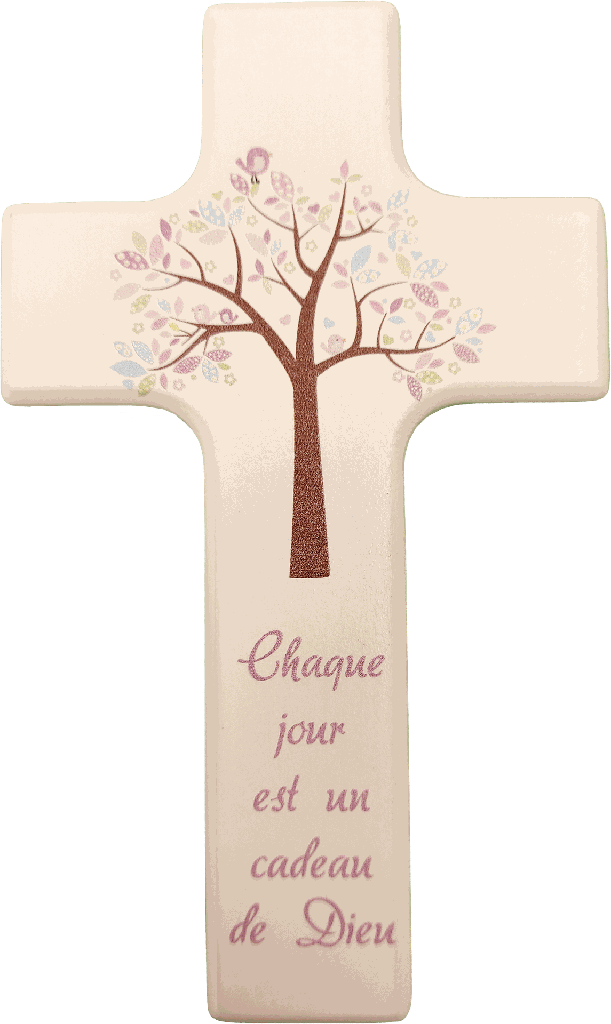 Kinderkreuz Holz weiss lakiert - 'Chaque jour ...'/Rosa (90x150mm)