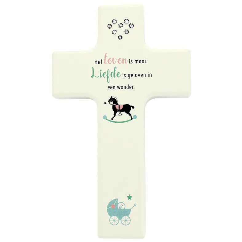 Croix enfant bois/blanche swarovski - 'Het leven is mooi' (90x150mm)