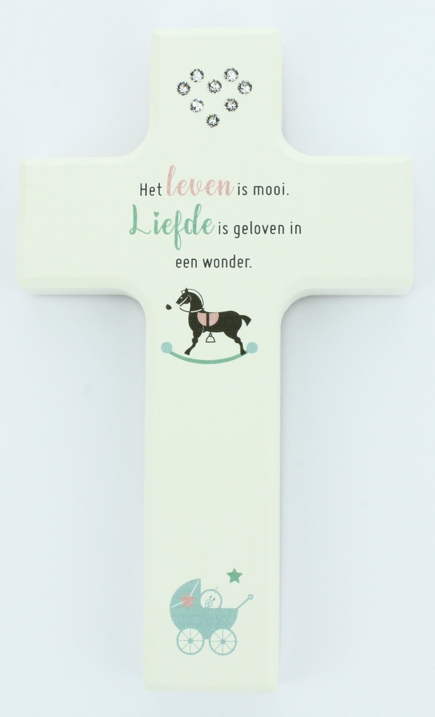 Kinderkruis hout/wit swarovski - 'Het leven is mooi' (90x150mm)