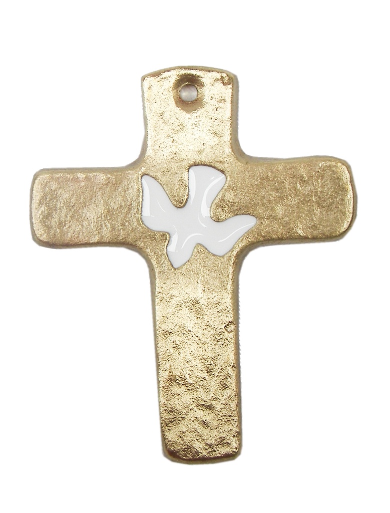 Croix murale bronze - Colombe/emaillé blanc (70x85mm)