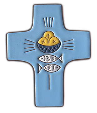 Ceramic cross - Bread & Fish - blue (95x120mm)