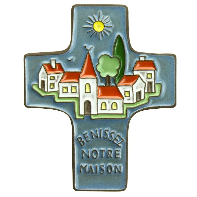 Ceramic cross - 'Bénissez notre...' - darkblue (95x120mm)