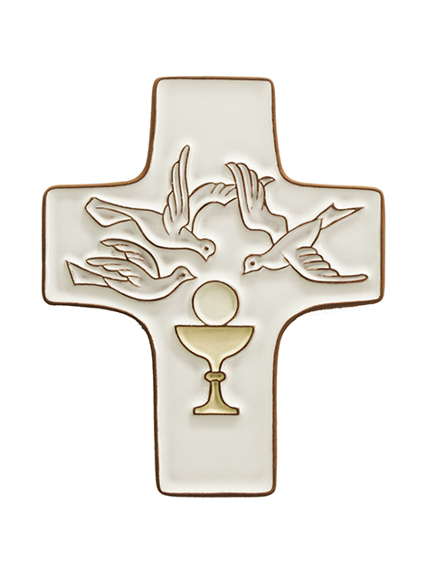Croix  céramique - Calice & 3 colombes - blanche (95x120mm)