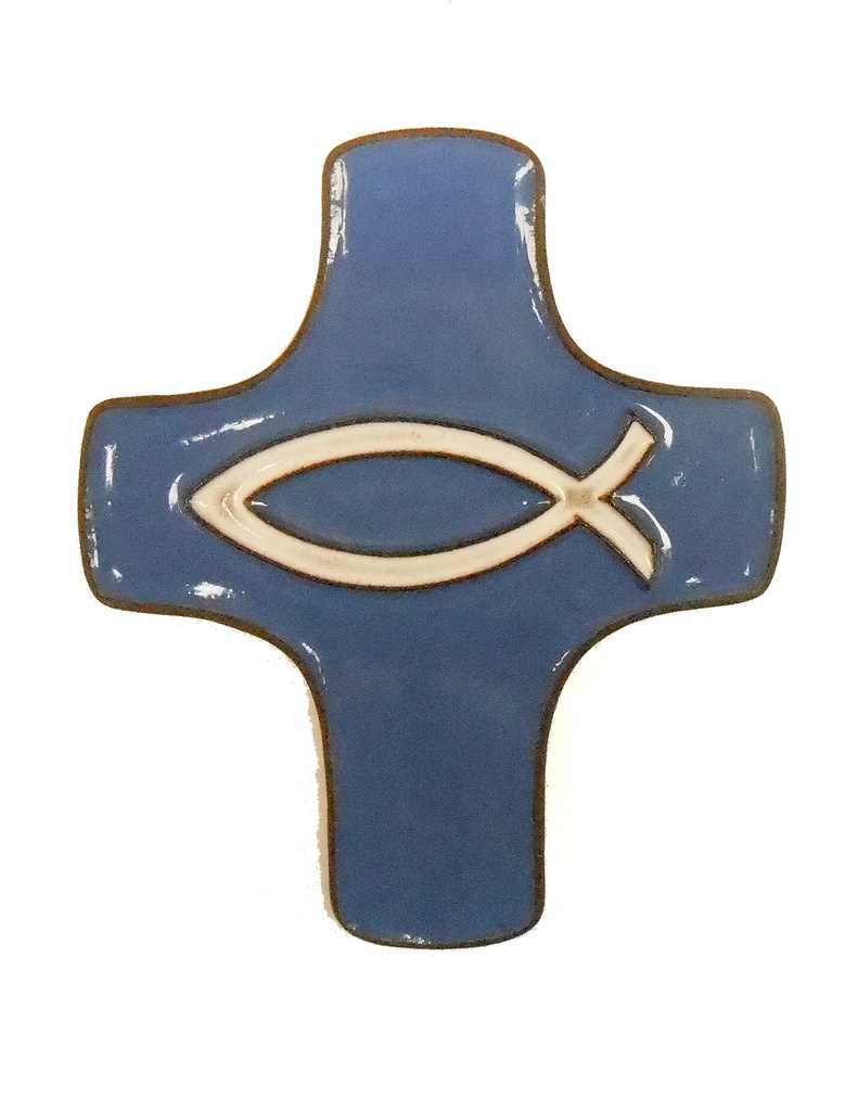 Kruisbeeld keramiek - Ichtus - donkerblauw/wit (75x90mm)