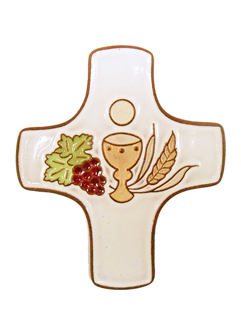 Ceramic cross - Calice & 3 symbols - white (75x90mm)