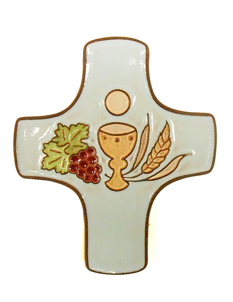 Ceramic cross - Calice & 3 symbols - blue (75x90mm)