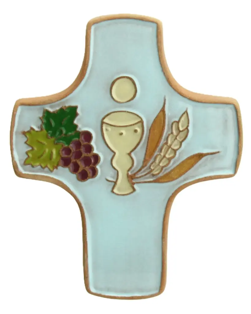 Kruisbeeld keramiek - Kelk & 3 symbolen - licht blauw (75x90mm)