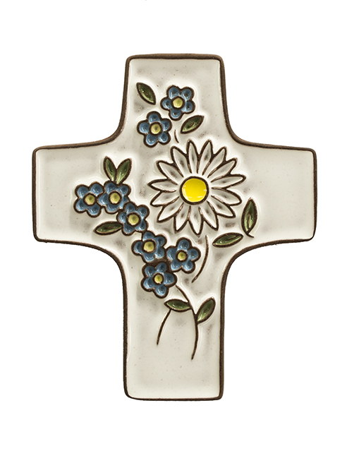 Keramik Kreuz - Blumen - Weiss (75x90mm)