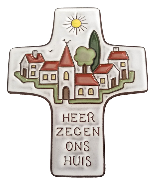 Kruisbeeld keramiek - 'Heer zegen...' - wit (95x120mm)