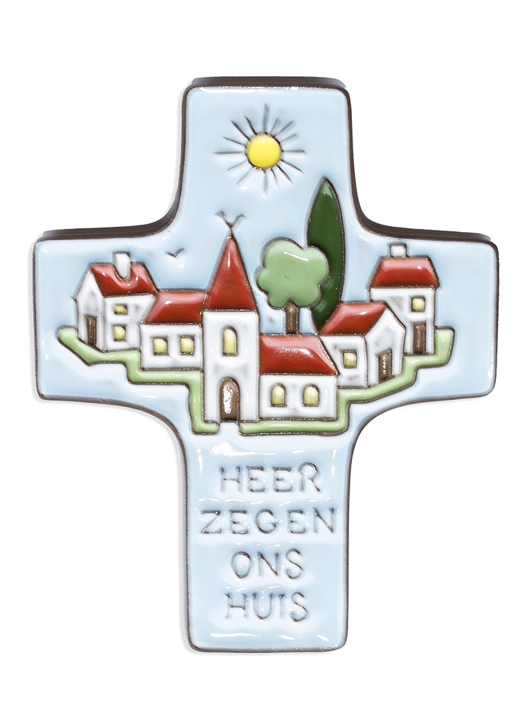 Ceramic cross - 'Heer zegen...' - blue (95x120mm)