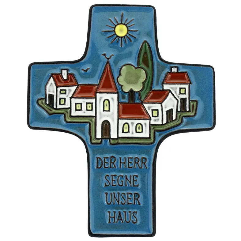 Keramik Kreuz - 'Der Herr segne...' - Dunkelblau (95x120mm)