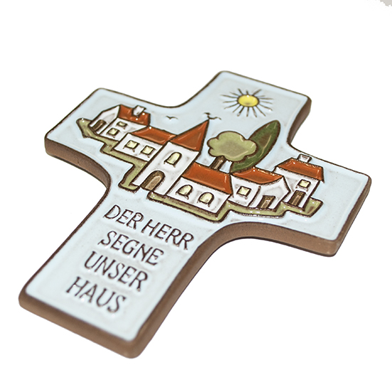 Kruisbeeld 'Der Herr segne unser Ha us' - keramiek/donkerblauw - 9,5x11cm