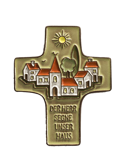 Keramik Kreuz - 'Der Herr segne...' - grün (95x120mm)