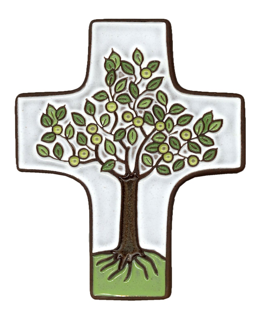 Croix  céramique - Arbre de vie - blanche (95x120mm)