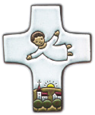 Croix  céramique - Jésus/volant - blanche (75x90mm)