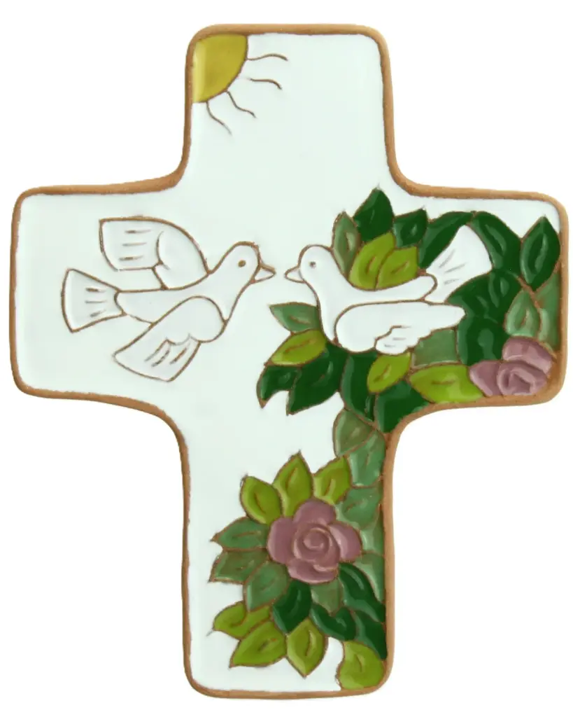 Croix  céramique - 2 colombes - blanche (95x120mm)