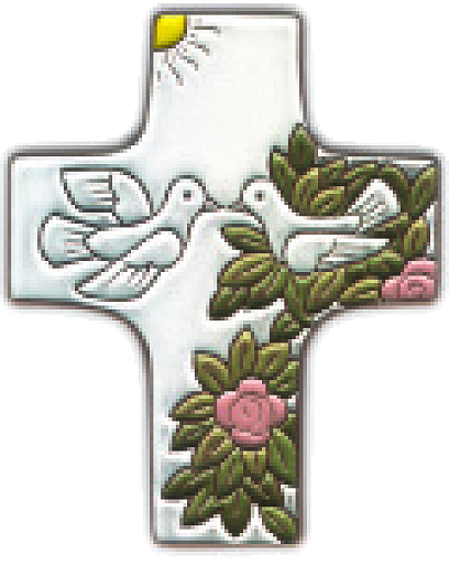 Keramik Kreuz - 2 Tauben - Weiss (95x120mm)