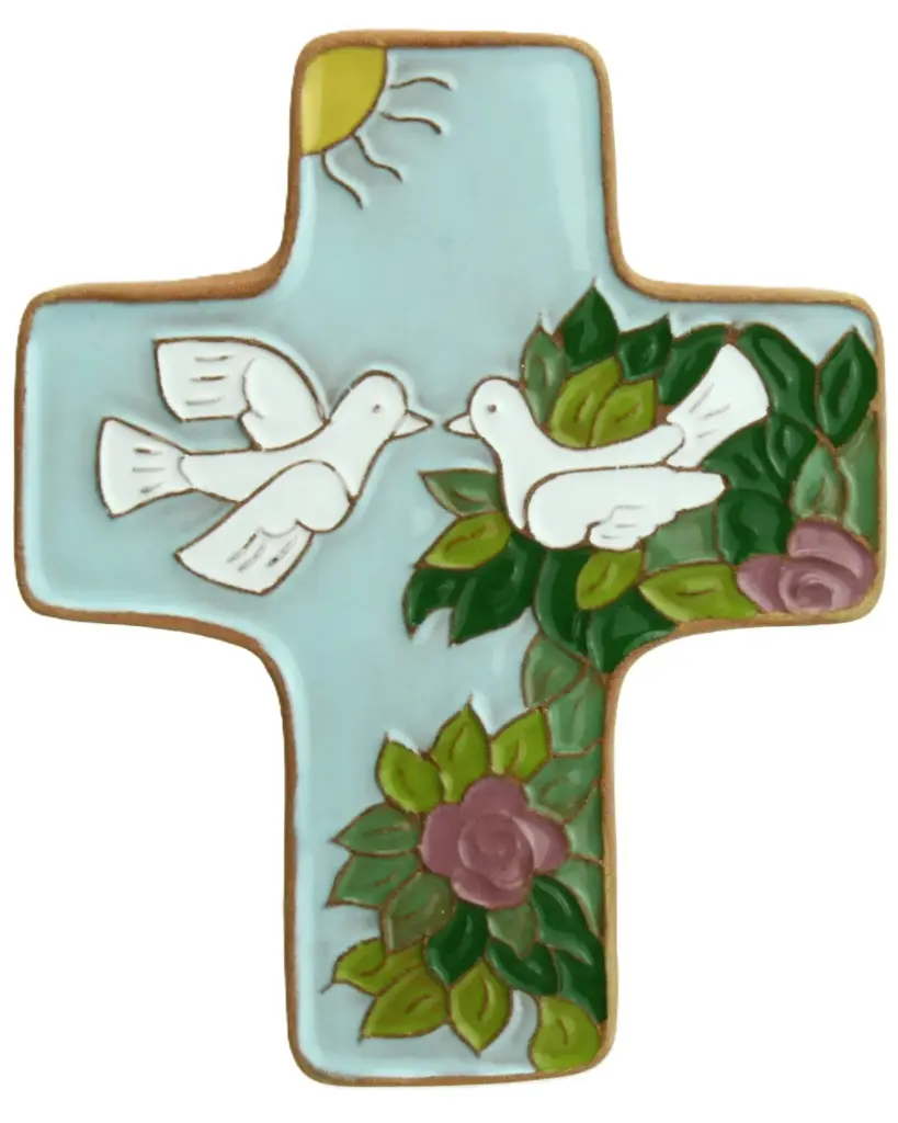 Croix  céramique - 2 colombes - bleu claire (95x120mm)