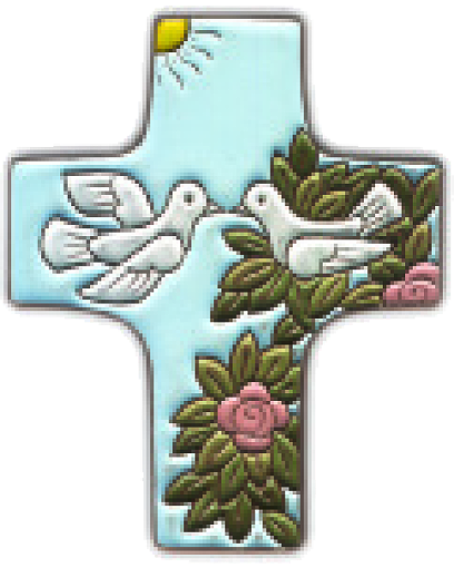 Croix  céramique - 2 colombes - bleu claire (95x120mm)
