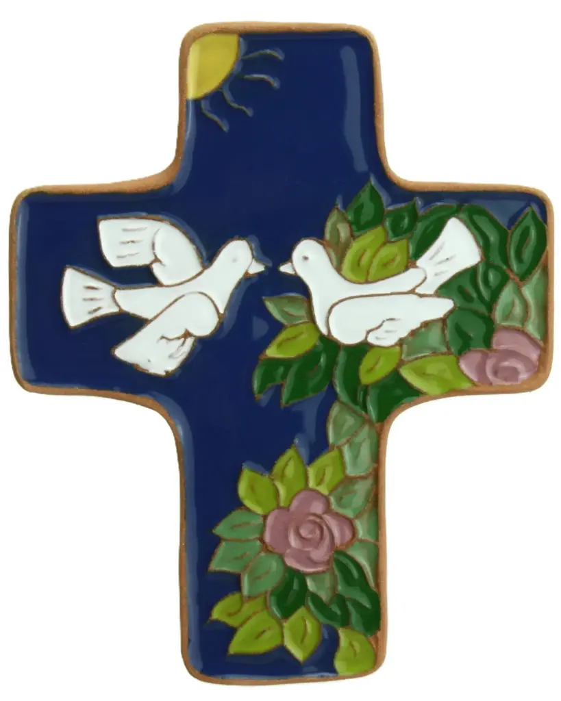 Keramik Kreuz - 2 Tauben - Dunkelblau (95x120mm)